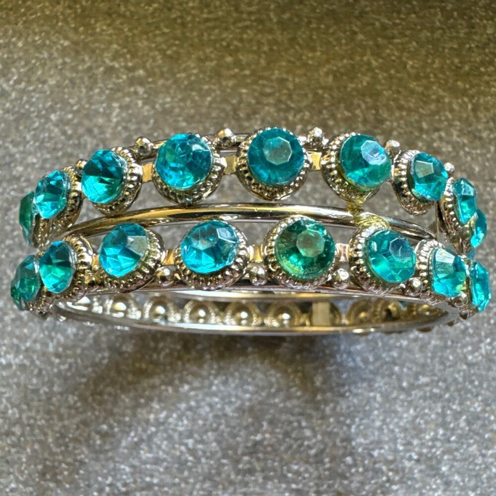 Aqua Blue Crystals Silver Bangle Bracelet